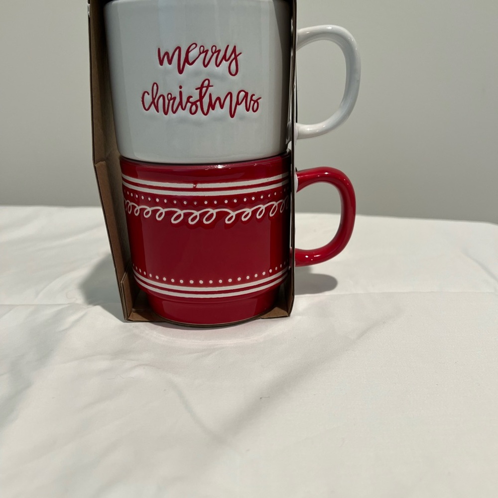 Set Of 2 Holiday Stacking Mugs Red And White New